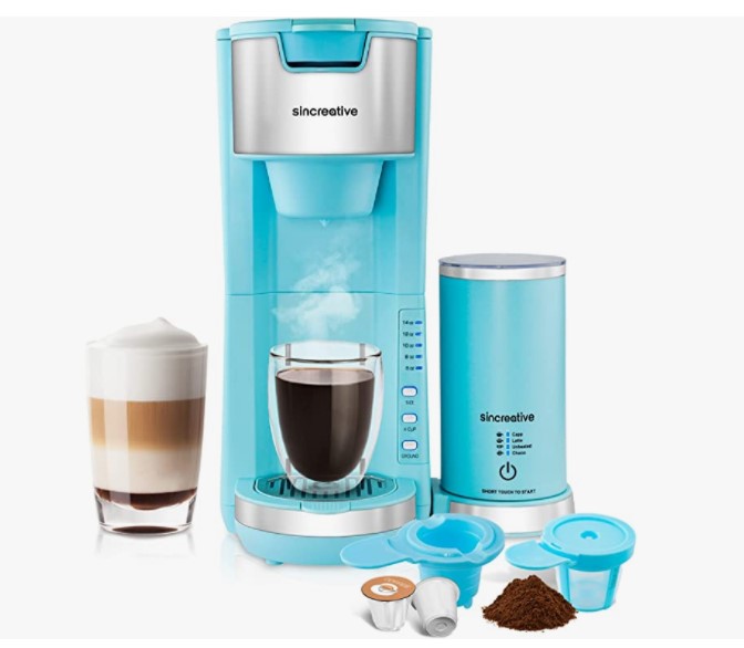 Sincreative Portable Coffee Maker with Milk Frother, 2 in 1 Single Serve Coffee Machine Brewer for K-Cup Pod and Ground Coffee, Cappuccino Latte coffee maker 